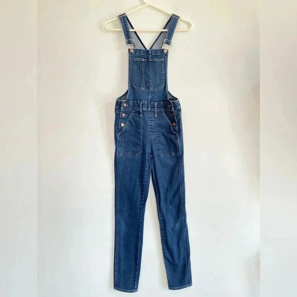 Madewell Skinny Overalls in Judd Wash Dark Blue Denim Pants Jumper Jeans Button - Picture 2 of 10